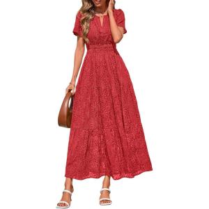 image:imagePRETTYGARDEN Womens Boho Maxi Dress 2026 Floral Summer Spring Short Sleeve V Neck A Line Embroidered Beach Vacation DressesRed