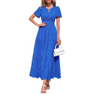 image:imagePRETTYGARDEN Womens Boho Maxi Dress 2026 Floral Summer Spring Short Sleeve V Neck A Line Embroidered Beach Vacation DressesRoyal Blue
