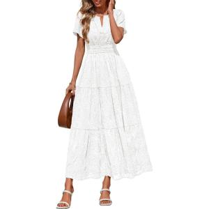 image:imagePRETTYGARDEN Womens Boho Maxi Dress 2026 Floral Summer Spring Short Sleeve V Neck A Line Embroidered Beach Vacation DressesWhite
