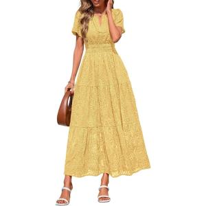 image:imagePRETTYGARDEN Womens Boho Maxi Dress 2026 Floral Summer Spring Short Sleeve V Neck A Line Embroidered Beach Vacation DressesYellow