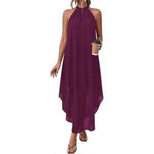 image:imagePRETTYGARDEN Womens Flowy Maxi Dresses Summer 2026 Halter Sleeveless Long Asymmetrical Spring Dress Beach Vacation SundressBurgundy