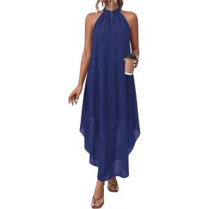 image:imagePRETTYGARDEN Womens Flowy Maxi Dresses Summer 2026 Halter Sleeveless Long Asymmetrical Spring Dress Beach Vacation SundressDark Blue
