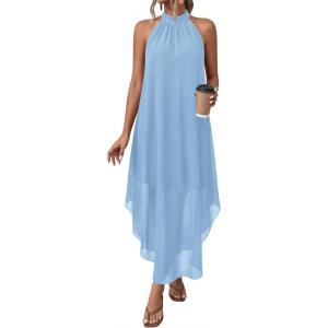 image:imagePRETTYGARDEN Womens Flowy Maxi Dresses Summer 2026 Halter Sleeveless Long Asymmetrical Spring Dress Beach Vacation SundressLight Blue