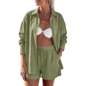 image:imagePRETTYGARDEN Womens Summer 2 Piece Matching Lounge Sets Pajamas Long Sleeve Shirts Blouse Pockets Shorts 2026 Spring OutfitsArmy Green
