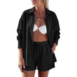 image:imagePRETTYGARDEN Womens Summer 2 Piece Matching Lounge Sets Pajamas Long Sleeve Shirts Blouse Pockets Shorts 2026 Spring OutfitsBlack