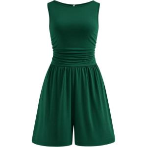 image:imagePRETTYGARDEN Summer Rompers for Women 2026 Dressy Casual Sleeveless Short Wide Leg Jumpsuits Beach Vacation One Piece OutfitsDark Green
