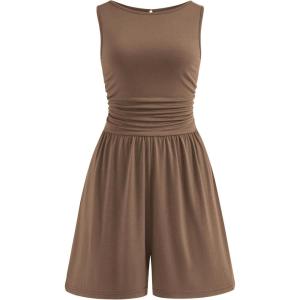 image:imagePRETTYGARDEN Summer Rompers for Women 2026 Dressy Casual Sleeveless Short Wide Leg Jumpsuits Beach Vacation One Piece OutfitsKhaki