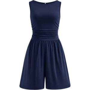 image:imagePRETTYGARDEN Summer Rompers for Women 2026 Dressy Casual Sleeveless Short Wide Leg Jumpsuits Beach Vacation One Piece OutfitsNavy Blue