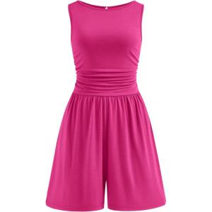 image:imagePRETTYGARDEN Summer Rompers for Women 2026 Dressy Casual Sleeveless Short Wide Leg Jumpsuits Beach Vacation One Piece OutfitsRose Red