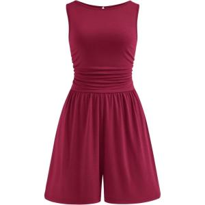 image:imagePRETTYGARDEN Summer Rompers for Women 2026 Dressy Casual Sleeveless Short Wide Leg Jumpsuits Beach Vacation One Piece OutfitsWine Red