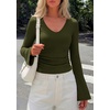 image:imagePRETTYGARDEN Women 2026 Fall Long Bell Sleeve Shirts Ribbed V Neck Fitted Ruched Trendy Y2K Going Out Tee Tops Summer ClothesArmy Green