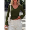image:imagePRETTYGARDEN Women 2026 Fall Long Bell Sleeve Shirts Ribbed V Neck Fitted Ruched Trendy Y2K Going Out Tee Tops Summer ClothesArmy Green