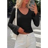 image:imagePRETTYGARDEN Women 2026 Fall Long Bell Sleeve Shirts Ribbed V Neck Fitted Ruched Trendy Y2K Going Out Tee Tops Summer ClothesBlack