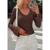 image:imagePRETTYGARDEN Women 2026 Fall Long Bell Sleeve Shirts Ribbed V Neck Fitted Ruched Trendy Y2K Going Out Tee Tops Summer ClothesBrown