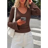 image:imagePRETTYGARDEN Women 2026 Fall Long Bell Sleeve Shirts Ribbed V Neck Fitted Ruched Trendy Y2K Going Out Tee Tops Summer ClothesBrown