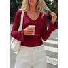 image:imagePRETTYGARDEN Women 2026 Fall Long Bell Sleeve Shirts Ribbed V Neck Fitted Ruched Trendy Y2K Going Out Tee Tops Summer ClothesBurgundy
