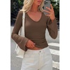 image:imagePRETTYGARDEN Women 2026 Fall Long Bell Sleeve Shirts Ribbed V Neck Fitted Ruched Trendy Y2K Going Out Tee Tops Summer ClothesCoffee