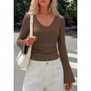 image:imagePRETTYGARDEN Women 2026 Fall Long Bell Sleeve Shirts Ribbed V Neck Fitted Ruched Trendy Y2K Going Out Tee Tops Summer ClothesCoffee