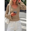 image:imagePRETTYGARDEN Women 2026 Fall Long Bell Sleeve Shirts Ribbed V Neck Fitted Ruched Trendy Y2K Going Out Tee Tops Summer ClothesLight Brown