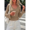 image:imagePRETTYGARDEN Women 2026 Fall Long Bell Sleeve Shirts Ribbed V Neck Fitted Ruched Trendy Y2K Going Out Tee Tops Summer ClothesLight Brown