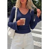 image:imagePRETTYGARDEN Women 2026 Fall Long Bell Sleeve Shirts Ribbed V Neck Fitted Ruched Trendy Y2K Going Out Tee Tops Summer ClothesNavy Blue