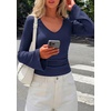 image:imagePRETTYGARDEN Women 2026 Fall Long Bell Sleeve Shirts Ribbed V Neck Fitted Ruched Trendy Y2K Going Out Tee Tops Summer ClothesNavy Blue