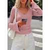 image:imagePRETTYGARDEN Women 2026 Fall Long Bell Sleeve Shirts Ribbed V Neck Fitted Ruched Trendy Y2K Going Out Tee Tops Summer ClothesPink