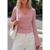 image:imagePRETTYGARDEN Women 2026 Fall Long Bell Sleeve Shirts Ribbed V Neck Fitted Ruched Trendy Y2K Going Out Tee Tops Summer ClothesPink