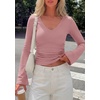 image:imagePRETTYGARDEN Women 2026 Fall Long Bell Sleeve Shirts Ribbed V Neck Fitted Ruched Trendy Y2K Going Out Tee Tops Summer ClothesPink
