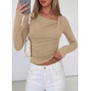 image:imagePRETTYGARDEN Womens 2026 Long Sleeve T Shirts Asymmetrical Y2K Slim Fitted Going Out Trendy Tops Early Fall Fashion ClothingLight Khaki