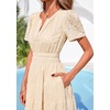 image:imagePRETTYGARDEN Womens Maxi Dress 2026 Floral Summer Spring Embroidered Boho Short Sleeve V Neck A Line Wedding Guest DressesBeige