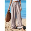 image:imagePRETTYGARDEN Womens Palazzo Pants 2026 Summer Striped Wide Leg Trousers Elastic Waist Flowy Lounge Pant PocketsStriped White Brown