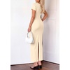 image:imagePRETTYGARDEN Womens Ruched Maxi Dress 2026 Summer Short Sleeve Asymmetric Neck Back Slit Bodycon Cocktail Party Long DressesBeige