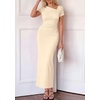 image:imagePRETTYGARDEN Womens Ruched Maxi Dress 2026 Summer Short Sleeve Asymmetric Neck Back Slit Bodycon Cocktail Party Long DressesBeige