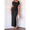 image:imagePRETTYGARDEN Womens Ruched Maxi Dress 2026 Summer Short Sleeve Asymmetric Neck Back Slit Bodycon Cocktail Party Long DressesBlack