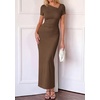 image:imagePRETTYGARDEN Womens Ruched Maxi Dress 2026 Summer Short Sleeve Asymmetric Neck Back Slit Bodycon Cocktail Party Long DressesBrown