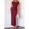 image:imagePRETTYGARDEN Womens Ruched Maxi Dress 2026 Summer Short Sleeve Asymmetric Neck Back Slit Bodycon Cocktail Party Long DressesBurgundy