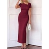 image:imagePRETTYGARDEN Womens Ruched Maxi Dress 2026 Summer Short Sleeve Asymmetric Neck Back Slit Bodycon Cocktail Party Long DressesBurgundy