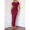 image:imagePRETTYGARDEN Womens Ruched Maxi Dress 2026 Summer Short Sleeve Asymmetric Neck Back Slit Bodycon Cocktail Party Long DressesBurgundy