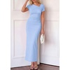 image:imagePRETTYGARDEN Womens Ruched Maxi Dress 2026 Summer Short Sleeve Asymmetric Neck Back Slit Bodycon Cocktail Party Long DressesLight Blue