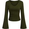 image:imagePRETTYGARDEN Women 2026 Fall Long Bell Sleeve Shirts Ribbed V Neck Fitted Ruched Trendy Y2K Going Out Tee Tops Summer ClothesArmy Green