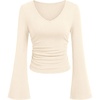 image:imagePRETTYGARDEN Women 2026 Fall Long Bell Sleeve Shirts Ribbed V Neck Fitted Ruched Trendy Y2K Going Out Tee Tops Summer ClothesBeige