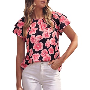 image:imagePRETTYGARDEN Boho Floral Tops for Women Summer Blouses Dressy Casual 2026 Spring Beach Vacation Ruffle Short Sleeve ShirtsBlack Pink Floral