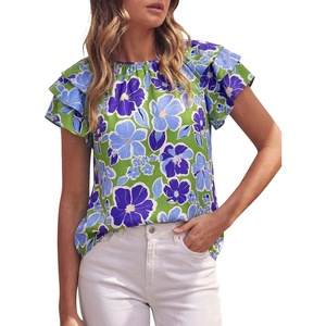 image:imagePRETTYGARDEN Boho Floral Tops for Women Summer Blouses Dressy Casual 2026 Spring Beach Vacation Ruffle Short Sleeve ShirtsGreen Blue Floral