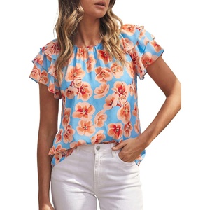 image:imagePRETTYGARDEN Boho Floral Tops for Women Summer Blouses Dressy Casual 2026 Spring Beach Vacation Ruffle Short Sleeve ShirtsLight Blue Pink Floral