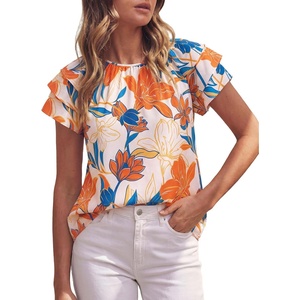 image:imagePRETTYGARDEN Boho Floral Tops for Women Summer Blouses Dressy Casual 2026 Spring Beach Vacation Ruffle Short Sleeve ShirtsWhite Orange Red Floral