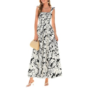 image:imagePRETTYGARDEN Floral Dress for Women Summer Boho Maxi Sundresses 2026 Smocked Long Flowy Spring Beach Wedding Guest DressesBlack White Floral