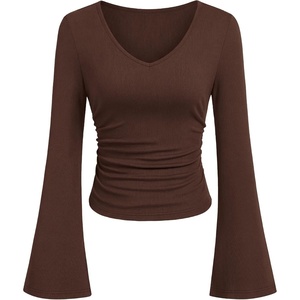 image:imagePRETTYGARDEN Women 2026 Fall Long Bell Sleeve Shirts Ribbed V Neck Fitted Ruched Trendy Y2K Going Out Tee Tops Summer ClothesBrown