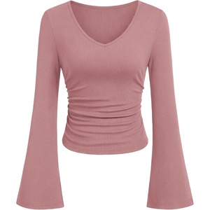 image:imagePRETTYGARDEN Women 2026 Fall Long Bell Sleeve Shirts Ribbed V Neck Fitted Ruched Trendy Y2K Going Out Tee Tops Summer ClothesPink