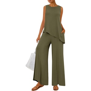 image:imagePRETTYGARDEN Womens 2026 Two Piece Matching Lounge Sets Asymmetrical Split Tank Tops Wide Leg Pants Summer Outfits TracksuitArmy Green